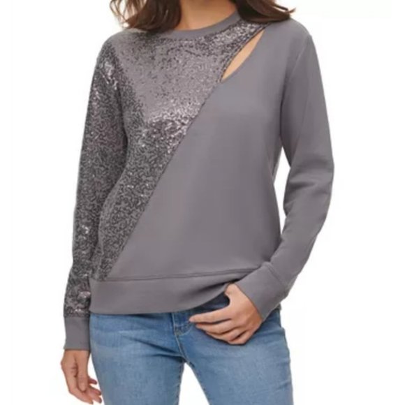 Dkny Tops - DKNY designer sequin embellished keyhole sweatshirt top